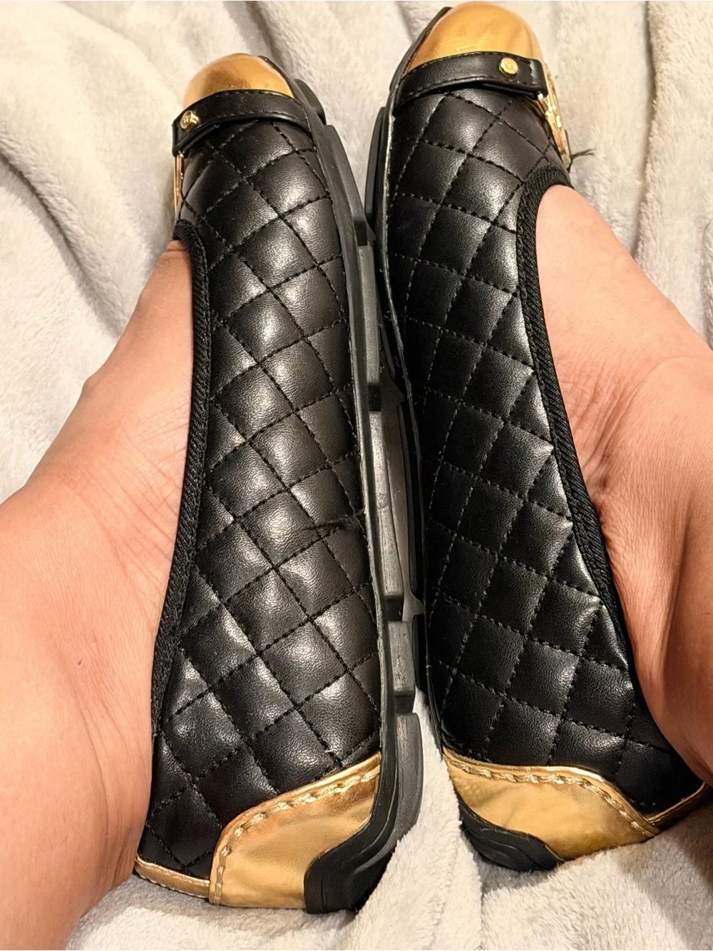 Michael Kors Black Quilted Ballet Flats with Gold Toe Caps